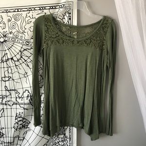Long sleeve, lace accent, olive green top
